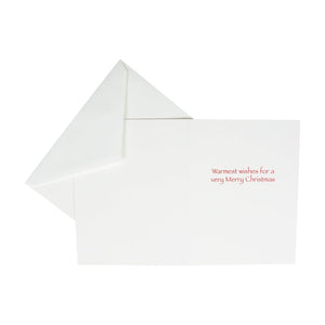The Caspari Pets With Model Train Christmas Card Set features white cards with envelopes, opened to reveal "Warmest wishes for a very Merry Christmas" in red on high-quality cardstock, printed by an FSC-certified printer.