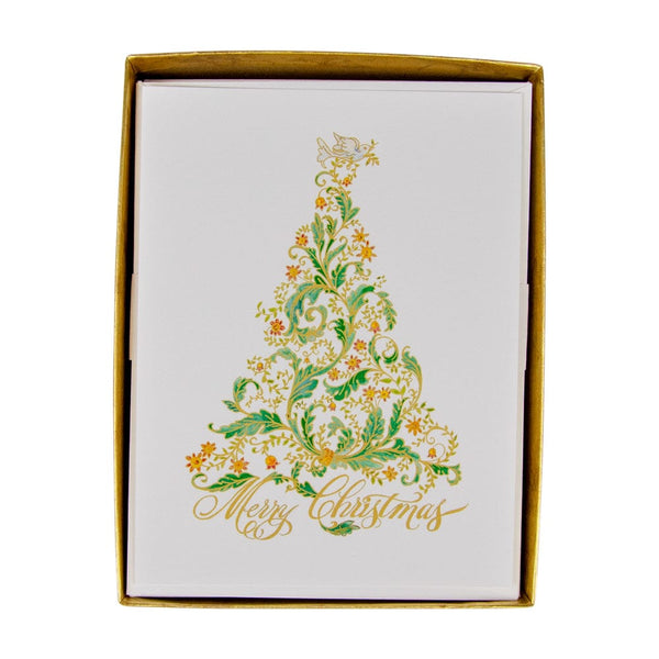 Caspari Calligraphy Christmas Tree Foil Card Set