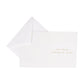 The Caspari Partridge In A Pear Tree Embossed Card Set includes elegant white Christmas cards with gold "Season's Greetings and best wishes in the New Year" text, crafted on quality cardstock, each paired with a matching white envelope.