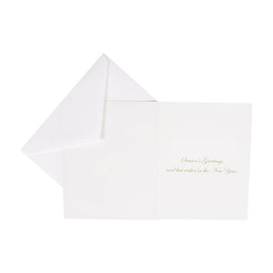 The Caspari Partridge In A Pear Tree Embossed Card Set includes elegant white Christmas cards with gold "Season's Greetings and best wishes in the New Year" text, crafted on quality cardstock, each paired with a matching white envelope.