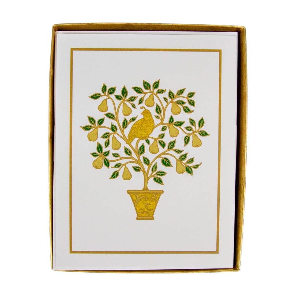The Caspari Partridge In A Pear Tree Embossed Card Set features gold and green partridge-in-a-pear-tree designs on high-quality cardstock with a gold border, presented in an elegant gold-edged box.