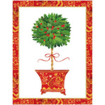 Caspari’s Holly Topiary in Red Pot Card Set features original artwork of a small holly tree with red berries in a festive red and gold pot and matching frame—ideal for greeting card inspiration.