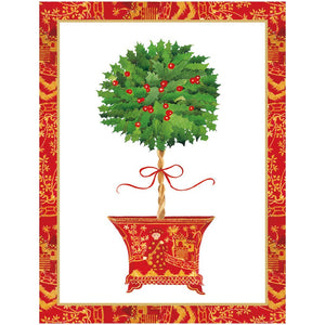 Caspari’s Holly Topiary in Red Pot Card Set features original artwork of a small holly tree with red berries in a festive red and gold pot and matching frame—ideal for greeting card inspiration.