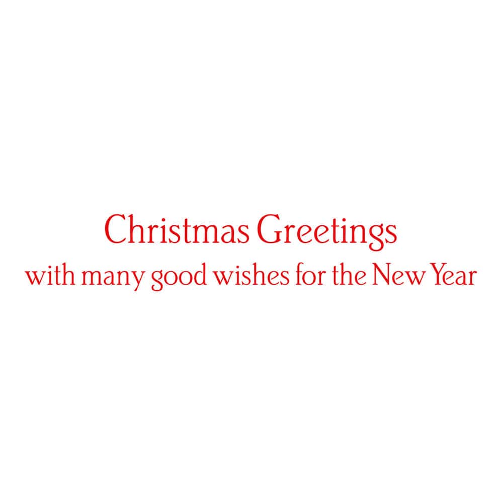 Text in red reads: "Christmas Greetings with many good wishes for the New Year" on a plain white background. The Caspari Christmas Tree Card Set features classic greeting card designs.