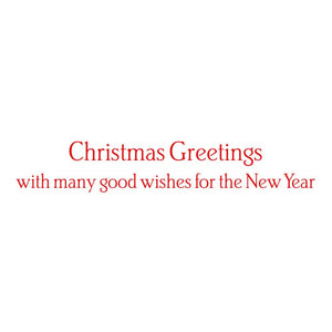 Text in red reads: "Christmas Greetings with many good wishes for the New Year" on a plain white background. The Caspari Christmas Tree Card Set features classic greeting card designs.