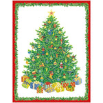 The Caspari Christmas Tree Card Set features a decorated tree with a star topper, vibrant ornaments, gold accents, wrapped gifts below, and a festive red and green border.