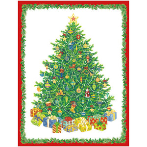 The Caspari Christmas Tree Card Set features a decorated tree with a star topper, vibrant ornaments, gold accents, wrapped gifts below, and a festive red and green border.