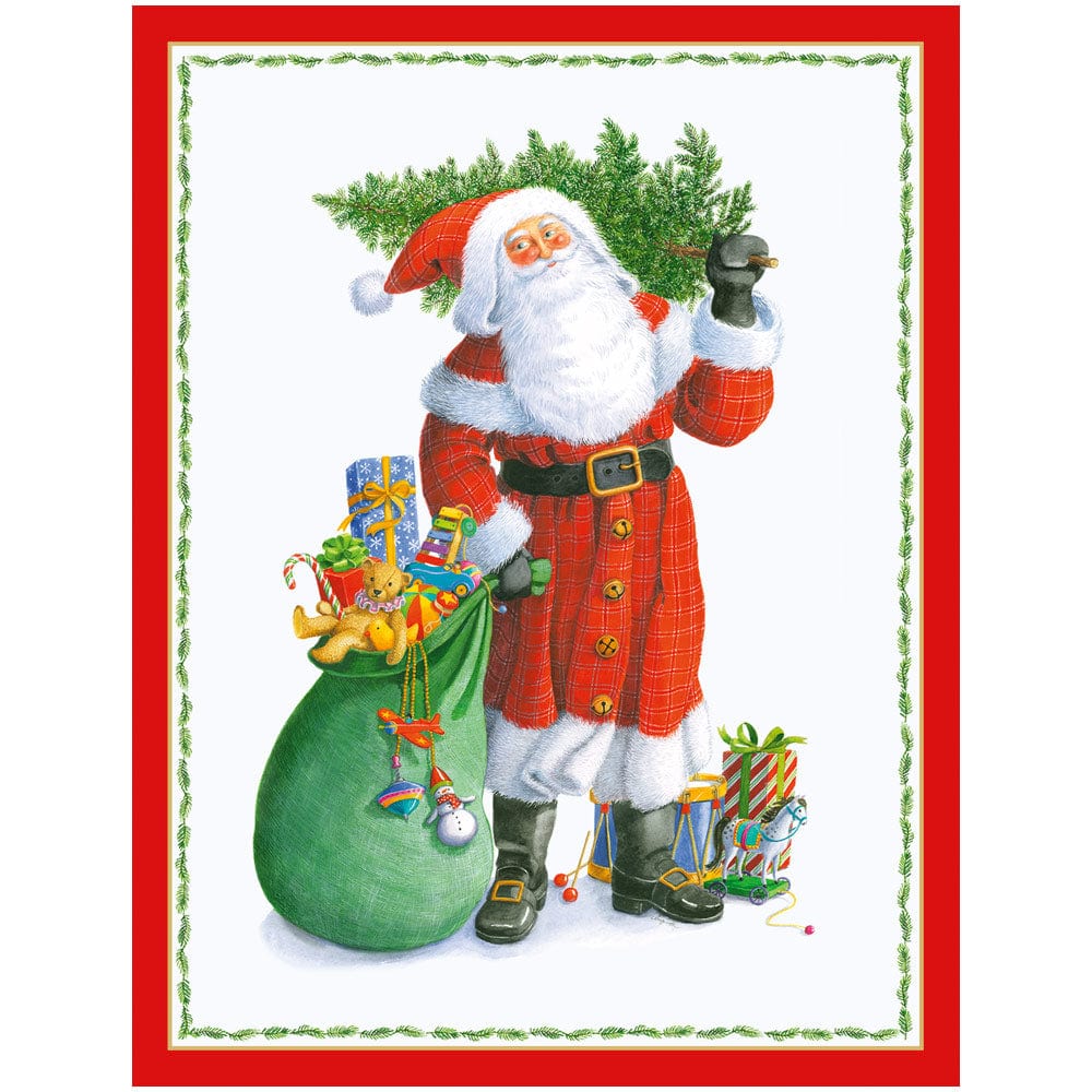 Santa Carrying Tree Boxed Cards by Caspari feature Santa in a red coat with gold bronzed accents, holding a Christmas tree and waving beside a green sack and gifts—capturing the vintage charm of Caspari’s original greeting card designs.