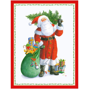 Santa Carrying Tree Boxed Cards by Caspari feature Santa in a red coat with gold bronzed accents, holding a Christmas tree and waving beside a green sack and gifts—capturing the vintage charm of Caspari’s original greeting card designs.