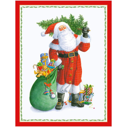 Santa Carrying Tree Boxed Cards by Caspari feature Santa in a red coat with gold bronzed accents, holding a Christmas tree and waving beside a green sack and gifts—capturing the vintage charm of Caspari’s original greeting card designs.