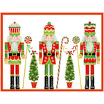 The Row of Nutcrackers Card Set by Caspari features festive nutcrackers beside candy canes and Christmas trees in classic holiday colors with gold accents—ideal for original artwork or greeting cards.