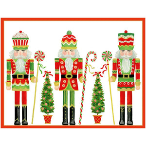 The Row of Nutcrackers Card Set by Caspari features festive nutcrackers beside candy canes and Christmas trees in classic holiday colors with gold accents—ideal for original artwork or greeting cards.
