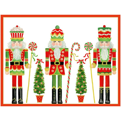 The Row of Nutcrackers Card Set by Caspari features festive nutcrackers beside candy canes and Christmas trees in classic holiday colors with gold accents—ideal for original artwork or greeting cards.