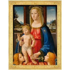 The Madonna and Child Card Set by Caspari features Renaissance-inspired art of Madonna with Christ and angels, set in a landscape—ideal as original artwork for elegant holiday cards.
