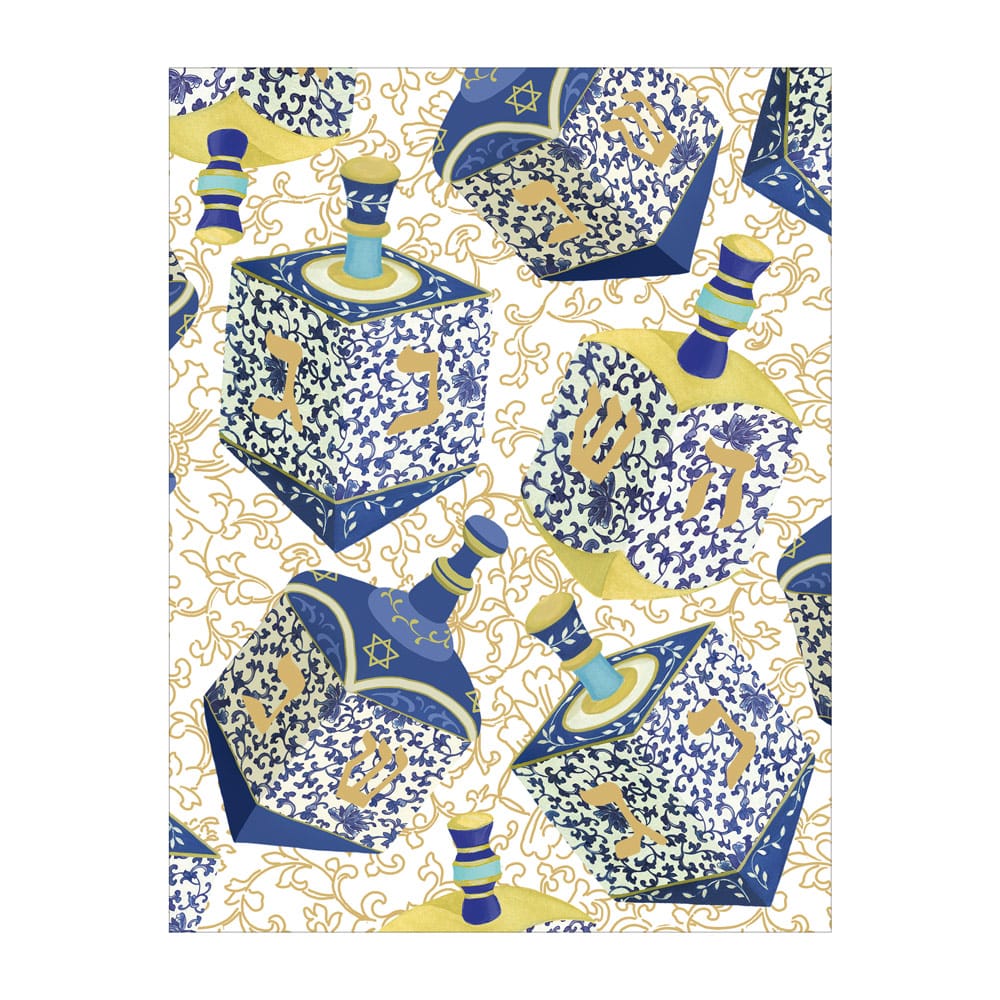 Add a festive touch to your Hanukkah celebration or holiday gifts with the Caspari Patterned Dreidel Collection, featuring blue and gold dreidels adorned with Hebrew letters and arranged diagonally on a white background enhanced by an elegant gold decorative design.