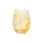 The Juliska Puro Marbled Drinkware Collection features a clear glass tumbler with yellow and white swirls, reminiscent of seaglass, displayed against a white background.