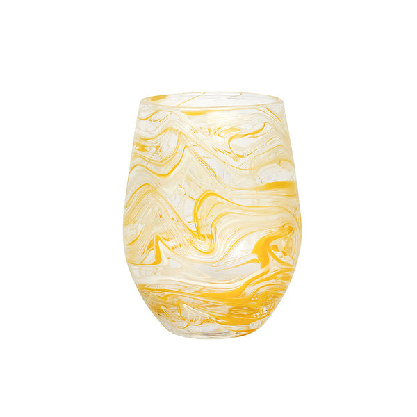The Juliska Puro Marbled Drinkware Collection features a clear glass tumbler with yellow and white swirls, reminiscent of seaglass, displayed against a white background.