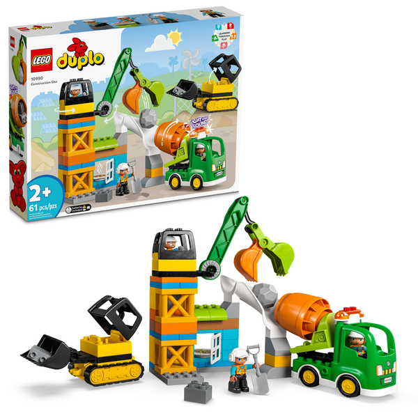 The Legos - Toyhouse LEGO® DUPLO® Construction Site set, model 10990, features brick building elements, a dump truck, a crane, a cement mixer, and construction worker figures. With 61 pieces included, it's perfect for ages 2 and up.