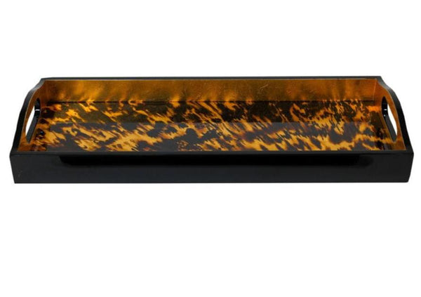 The Caspari Lacquer Bar Tray, Tortoiseshell, by Caspari, showcases a glossy tortoiseshell pattern with black edges and includes handles on both sides. It makes for an elegant gift and serves as a versatile display piece in any setting.