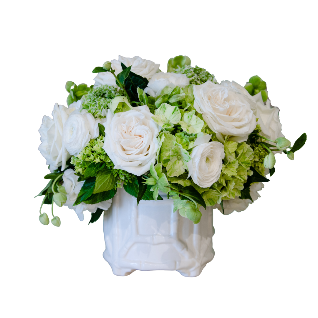 An elegant Live Classic Floral Arrangement of white roses and green hydrangea in a Chinoiserie Vase by Hive Floral Studio, perfect for interior design.