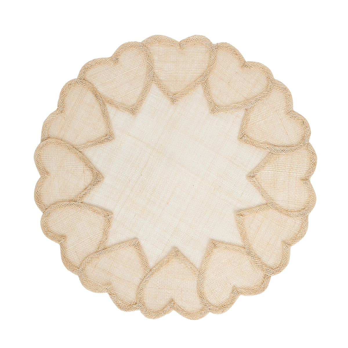 The Heart Placemat Collection by Juliska features a round beige abaca placemat adorned with embroidered hearts creating a charming scalloped edge.