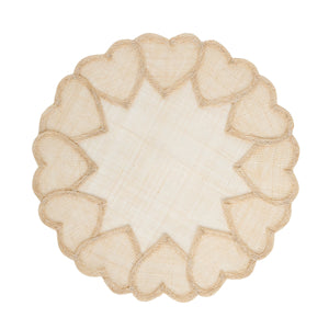 The Heart Placemat Collection by Juliska features a round beige abaca placemat adorned with embroidered hearts creating a charming scalloped edge.