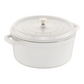 Staub Cast Iron Dutch Oven from the Staub collection, featuring a white enamel finish, a lid with a metal knob, and convenient side handles.