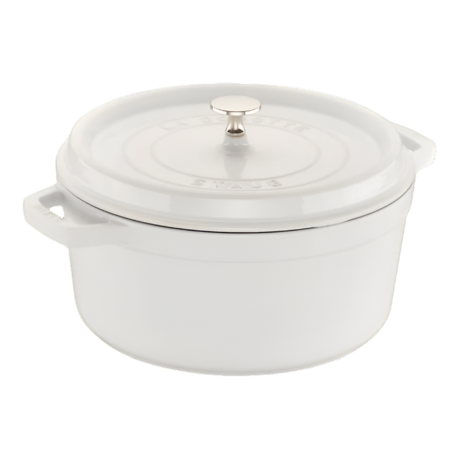 Staub Cast Iron Dutch Oven from the Staub collection, featuring a white enamel finish, a lid with a metal knob, and convenient side handles.