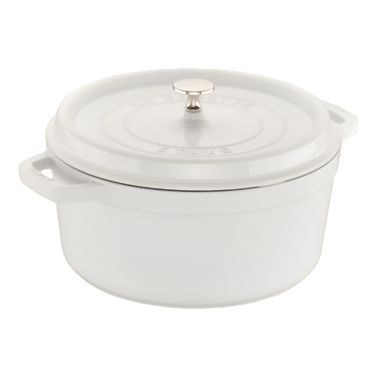 The Staub Cast Iron Dutch Oven Collection features white enameled Dutch ovens with two side handles and a round metal knob on the lid, ideal for slow-cooking your favorite recipes.