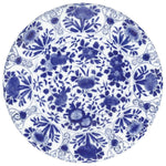 Round porcelain plate with blue floral and bird motifs pairs perfectly with Caspari’s Delft Blue Napkin Collection for an elegant, sustainable table setting.