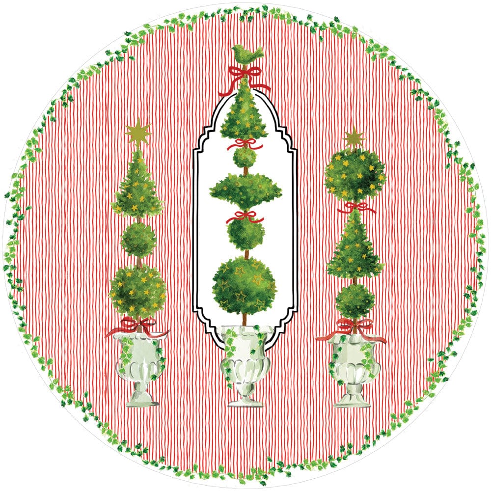 The Eloise Napkin and Placemat Collection by Caspari features a round design with three green topiary arrangements in white urns, red bows, and a green leafy border. These triple-ply napkins are chlorine-free and printed in Germany.
