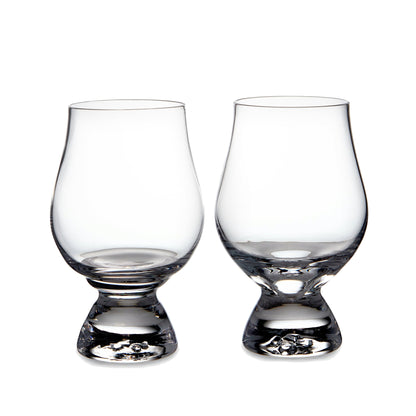Two empty Windham Tasting Glasses by Simon Pearce, featuring wide bowls and sturdy bases, are placed side by side on a white background—perfect tasting glasses for savoring your favorite spirits.