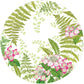 The Fern Garden Collection by Caspari features a round design with green fern leaves and pink and white flower clusters along the edge, creating a stylish centerpiece for table settings or elegant party supplies.