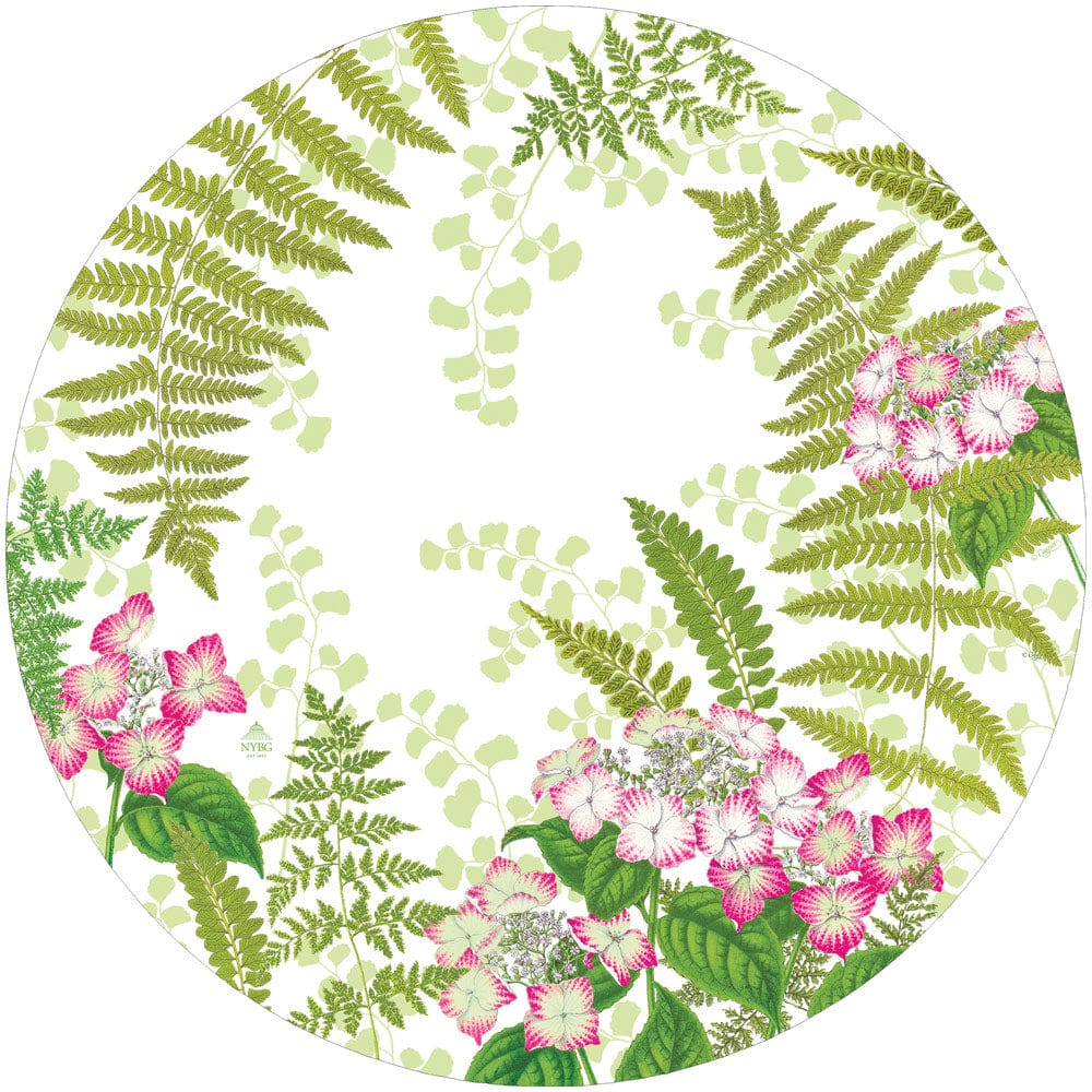 The Fern Garden Collection by Caspari features a round design with green fern leaves and pink and white flower clusters along the edge, creating a stylish centerpiece for table settings or elegant party supplies.