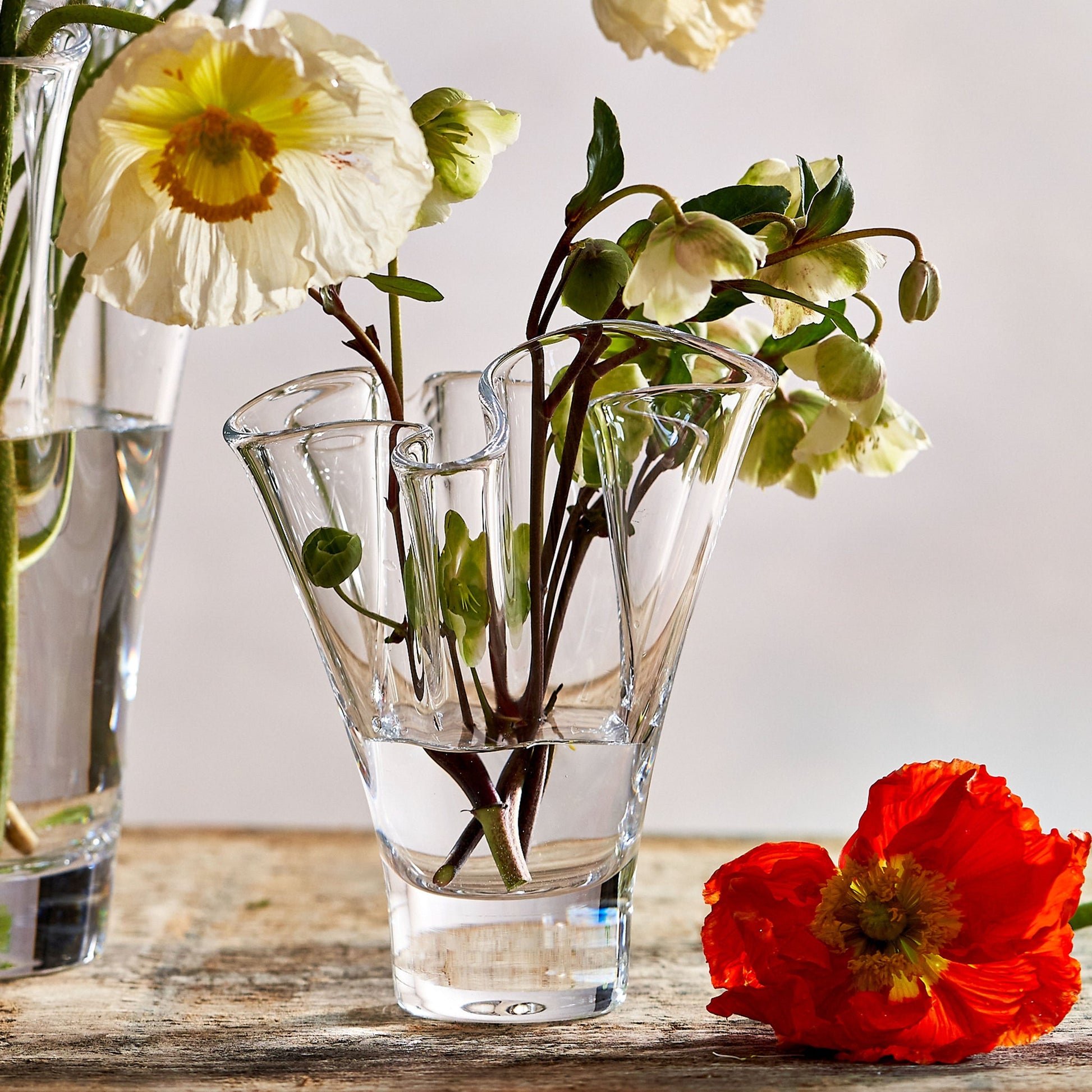 The Simon Pearce Anemone Vase Collection features clear hand-blown glass vases with curved sections, shown here displaying white flowers with yellow centers on a wooden surface beside a red flower, with another vase in the background.