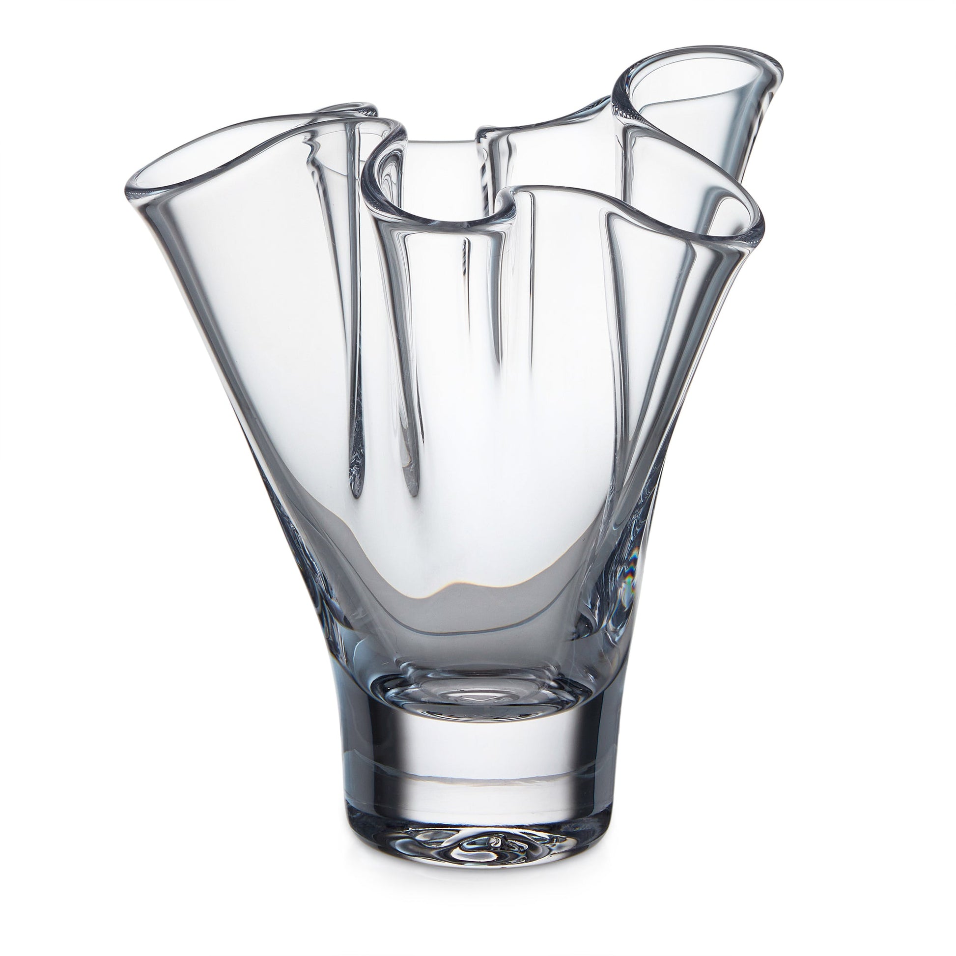 The Simon Pearce Anemone Vase Collection features hand-blown glass vases with irregular, wavy rims and thick bases, shown standing upright against a plain white background.