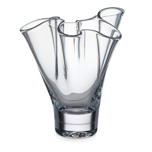 The Simon Pearce Anemone Vase Collection features hand-blown glass vases with irregular, wavy rims and thick bases, shown standing upright against a plain white background.