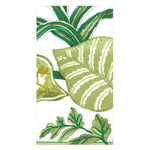 Illustration of green and yellow leaves with varied patterns overlapping on white, reflecting the natural inspiration for Caspari's Florida Pierre Frey Ivory Collection napkins.