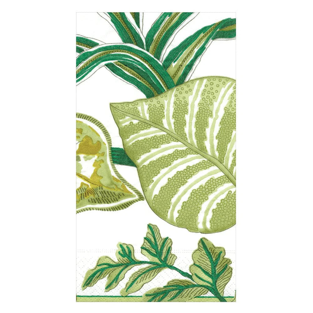 Illustration of green and yellow leaves with varied patterns overlapping on white, reflecting the natural inspiration for Caspari's Florida Pierre Frey Ivory Collection napkins.