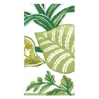 Illustration of green and yellow leaves with varied patterns overlapping on white, reflecting the natural inspiration for Caspari's Florida Pierre Frey Ivory Collection napkins.