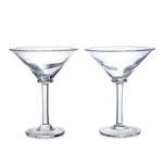 Two empty, clear Simon Pearce Woodbury Martini Glasses from the Woodbury Martini Glass Gift Set are side by side on a white background, highlighting their elegant contemporary silhouette.