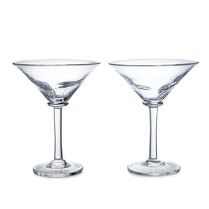 Two empty, clear Simon Pearce Woodbury Martini Glasses from the Woodbury Martini Glass Gift Set are side by side on a white background, highlighting their elegant contemporary silhouette.