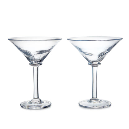 Two empty, clear Simon Pearce Woodbury Martini Glasses from the Woodbury Martini Glass Gift Set are side by side on a white background, highlighting their elegant contemporary silhouette.