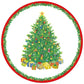 The Caspari Christmas Tree Collection showcases a decorated tree with ornaments, tinsel, a star topper, wrapped gifts, and Caspari gift supplies, all framed by a festive red and green holly border.