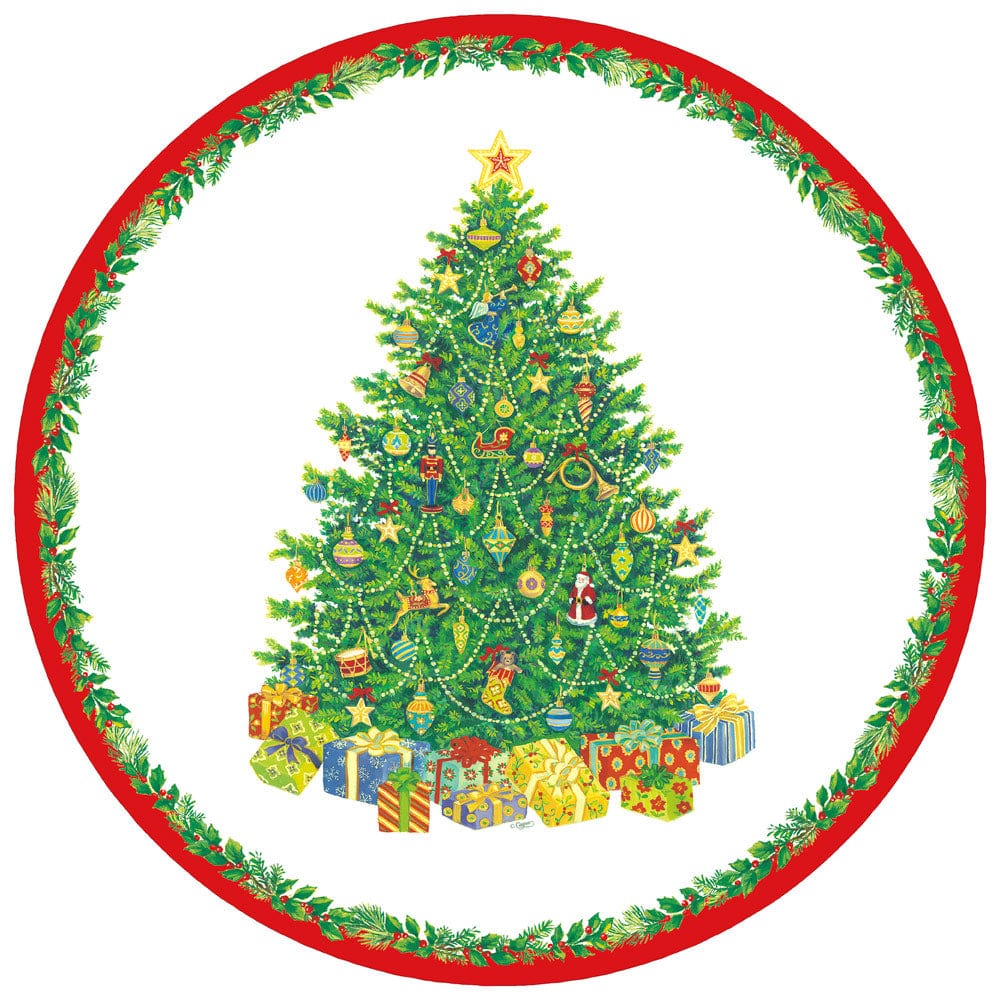 The Caspari Christmas Tree Collection showcases a decorated tree with ornaments, tinsel, a star topper, wrapped gifts, and Caspari gift supplies, all framed by a festive red and green holly border.