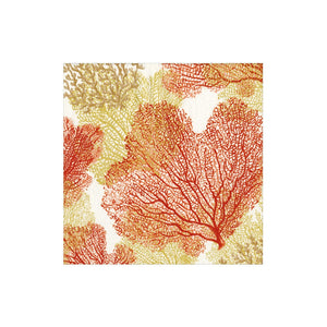 The Caspari Sea Fans Collection features illustrations of red, orange, and beige coral branches on white, ideal for eco-friendly napkins that bring ocean-inspired style to sustainable table settings.