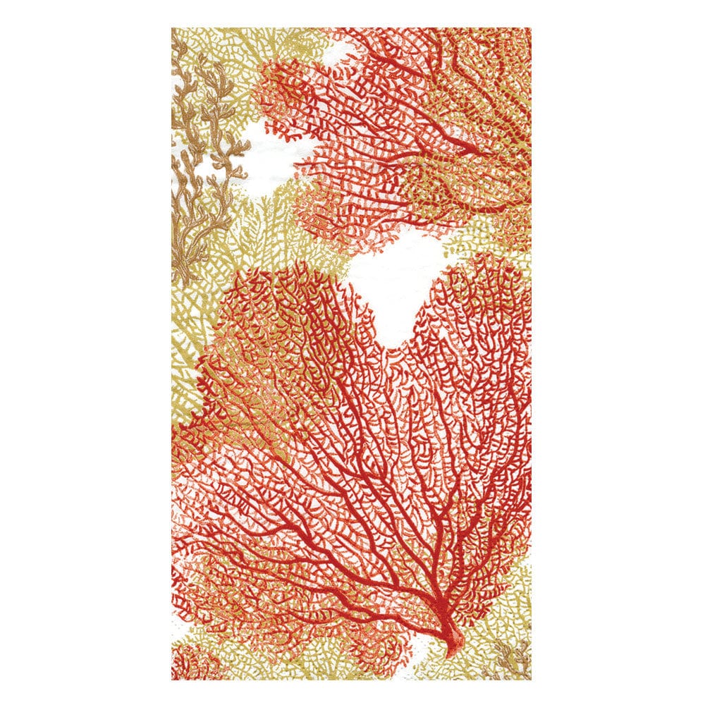The Sea Fans Collection by Caspari features eco-friendly napkins adorned with red and orange coral branches plus gold and green foliage on white—perfect for adding elegance to your table while caring for the planet.