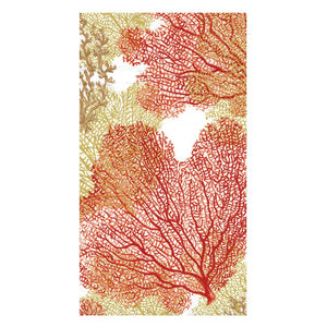 The Sea Fans Collection by Caspari features eco-friendly napkins adorned with red and orange coral branches plus gold and green foliage on white—perfect for adding elegance to your table while caring for the planet.