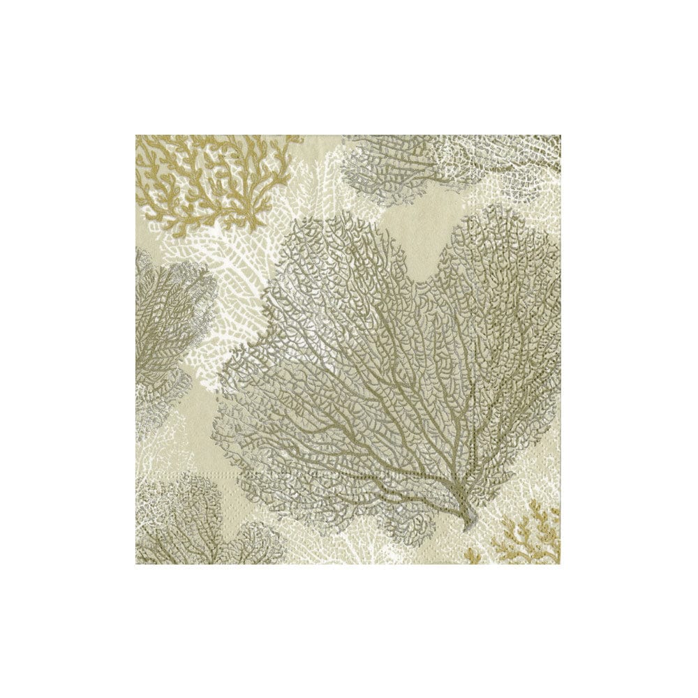 The Caspari Sea Fans Collection square tile features abstract sea fan coral branches in green, beige, and gold on a light background—an ideal match for eco-friendly napkins at your next gathering.