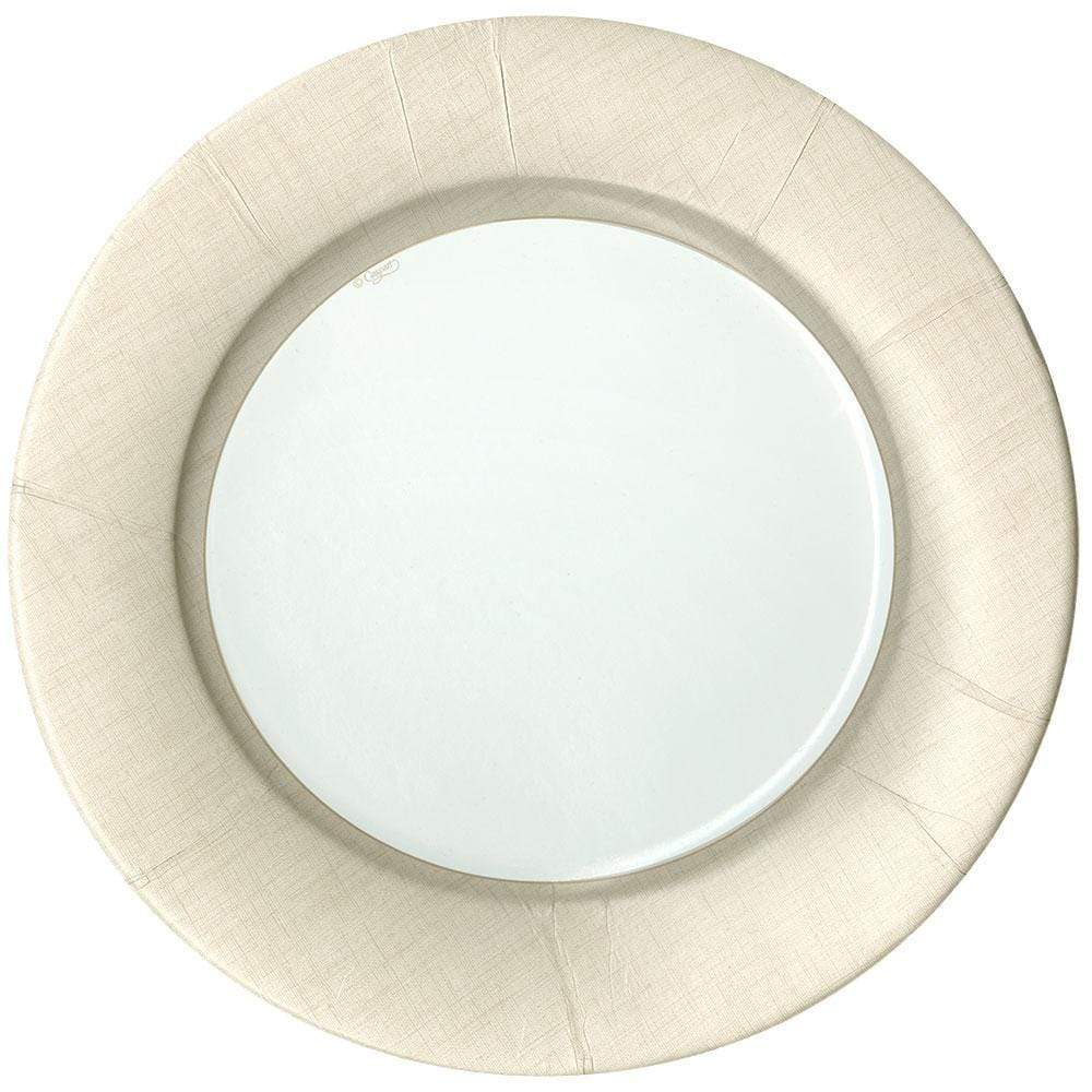 A round wall mirror with a wide, textured beige frame pairs beautifully with the Caspari Linen Natural Paper Plate Collection, adding style to spaces featuring elegant disposable dinnerware.